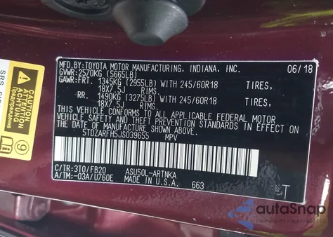 2018 Toyota Highlander Le из США, поврежденный, VIN 5TDZARFH5JS039655